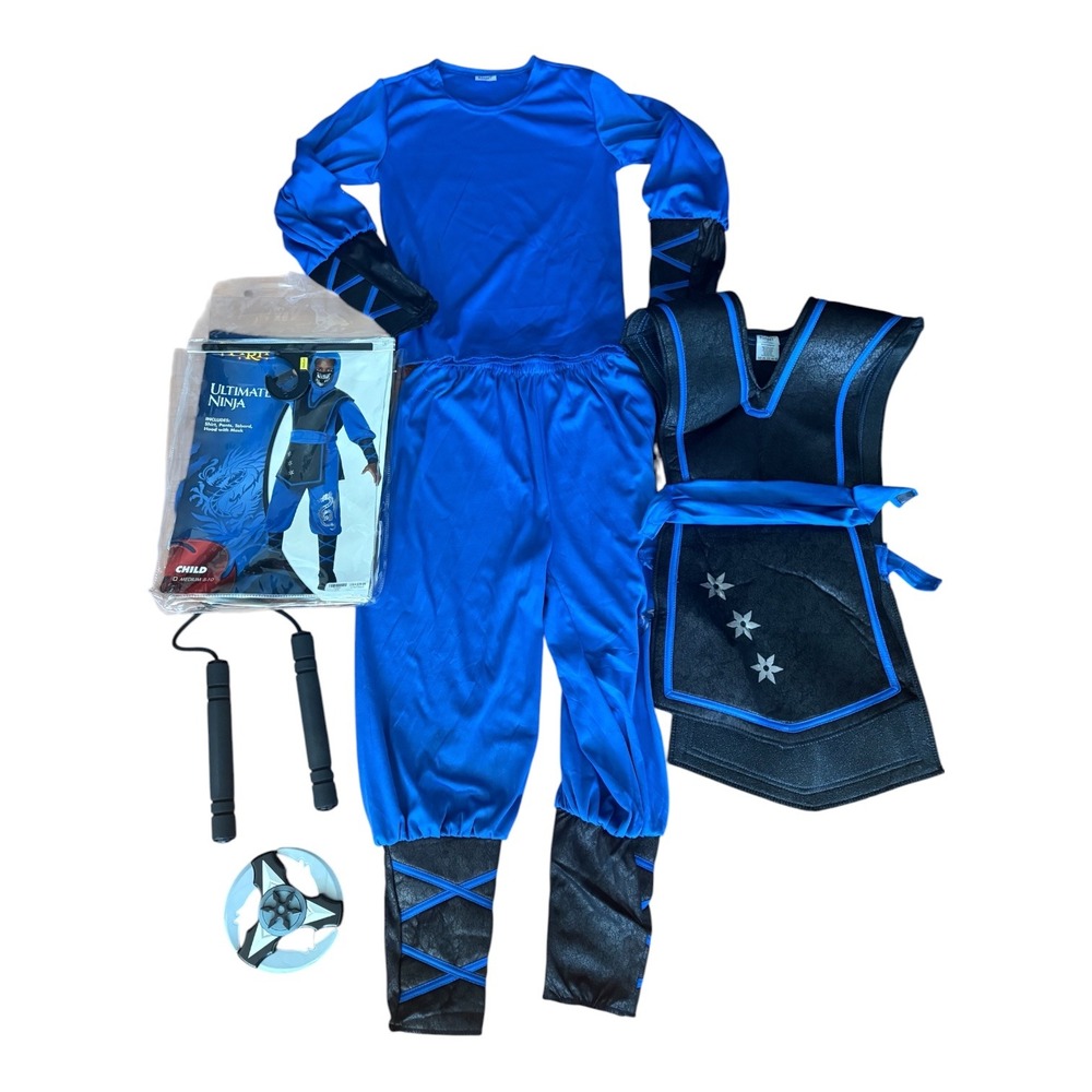 Spirit Halloween Ultimate Ninja Costume Blue Black Kids Medium 8-10 with Props